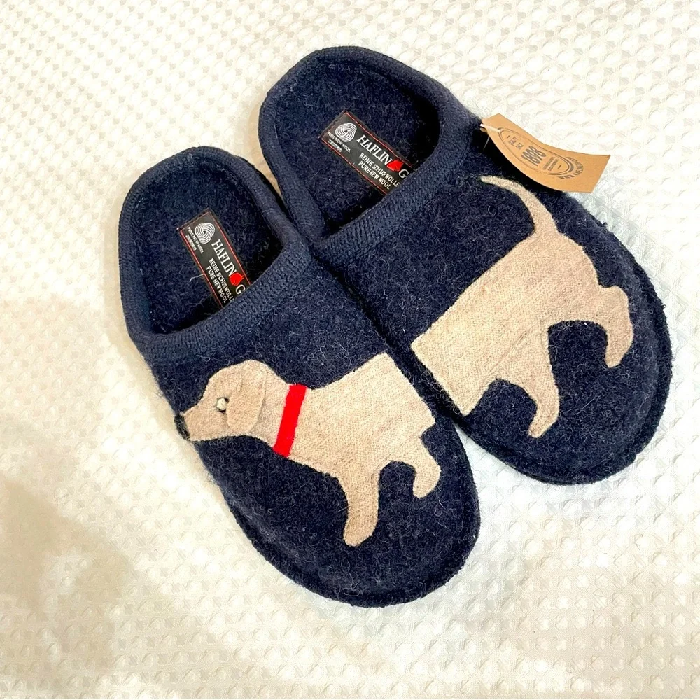 🛍️sold🛍️Haflinger Doggy Slipper Women’s US 6 EU 37 Pure Wool Shoe Dogs Blue - Picture 1 of 8